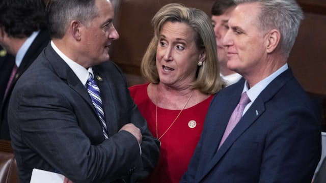 From left, Reps. Bruce Westerman, R-Ark., Ann Wagner, R-Mo., and Republican Leader Kevin McCarthy, R-Calif., are seen on the House floor during Speaker of House votes on Friday, January 6, 2023.