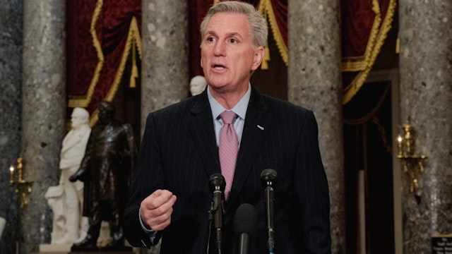 US House Speaker Kevin McCarthy, a Republican from California, speaks during a news conference at the US Capitol in Washington, DC, US, on Thursday, Jan. 12, 2023.