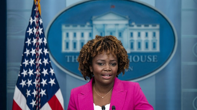Karine Jean-Pierre, White House press secretary, speaks during a news conference in the James S. Brady Press Briefing Room at the White House in Washington, DC, US, on Tuesday, Jan. 17, 2023. President Biden is honoring the Golden State Warriors to celebrate their 2022 NBA championship against the Boston Celtics. Photographer: Al Drago/Bloomberg via Getty Images