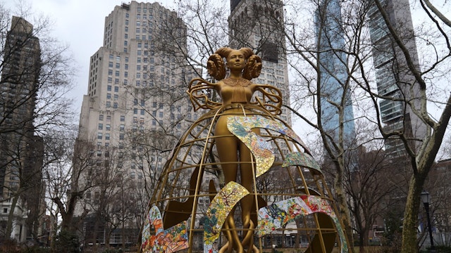 NEW YORK CITY, U.S.- JANUARY 21: Artist Shahzia Sikander's "Havahâ¦to breathe, air, life" exhibition on the theme of justice is featured at Madison Square Park, until June 4, 2023 before traveling to Houston, in New York City, United States on January 21, 2023.