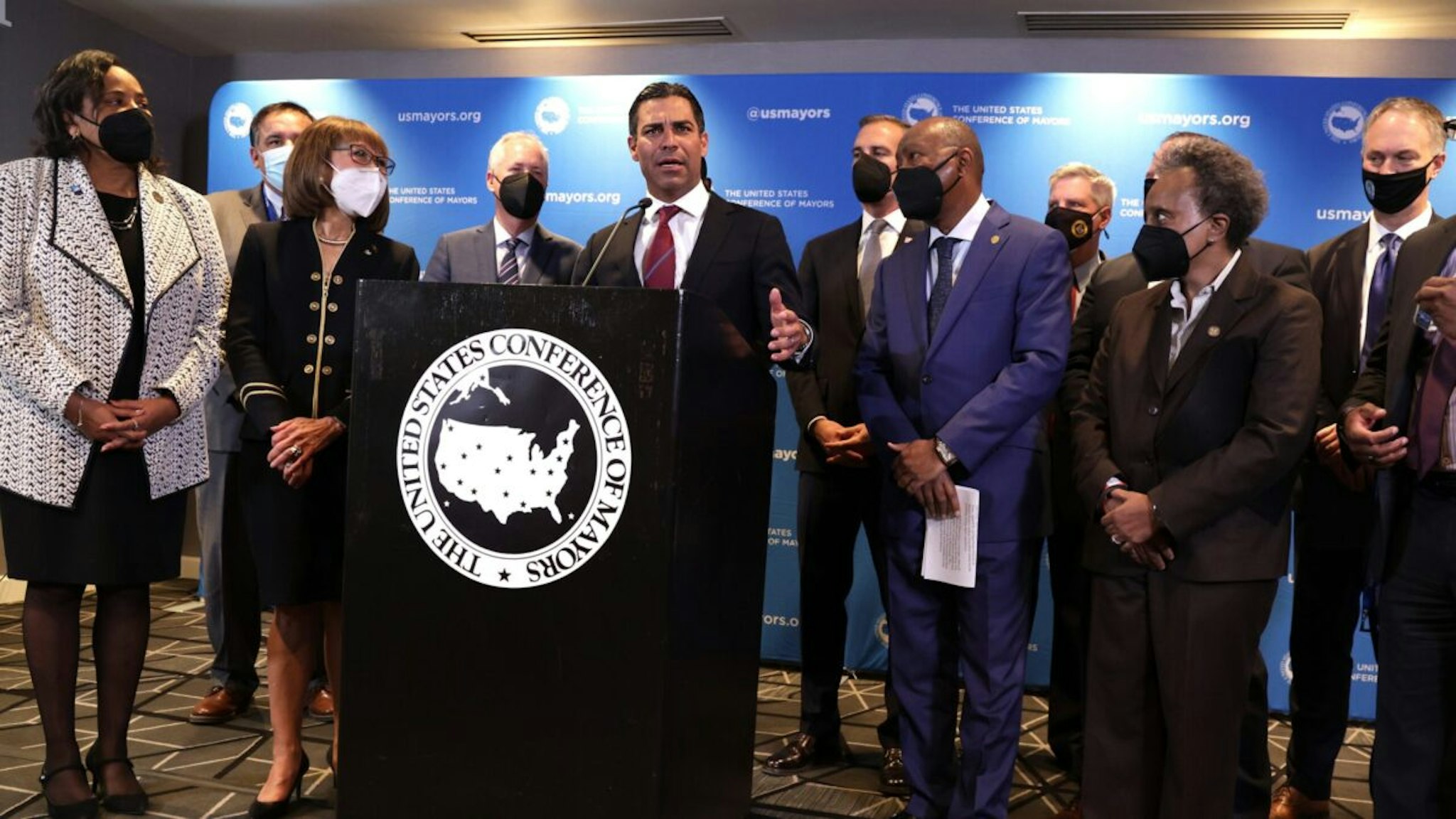 WASHINGTON, DC - JANUARY 19: Flanked by other mayors, Francis Suarez, Mayor of Miami and President of The United States Conference of Mayors (USCM), speaks during a news conference at the 90th Winter Meeting of USCM on January 19, 2022 in Washington, DC.