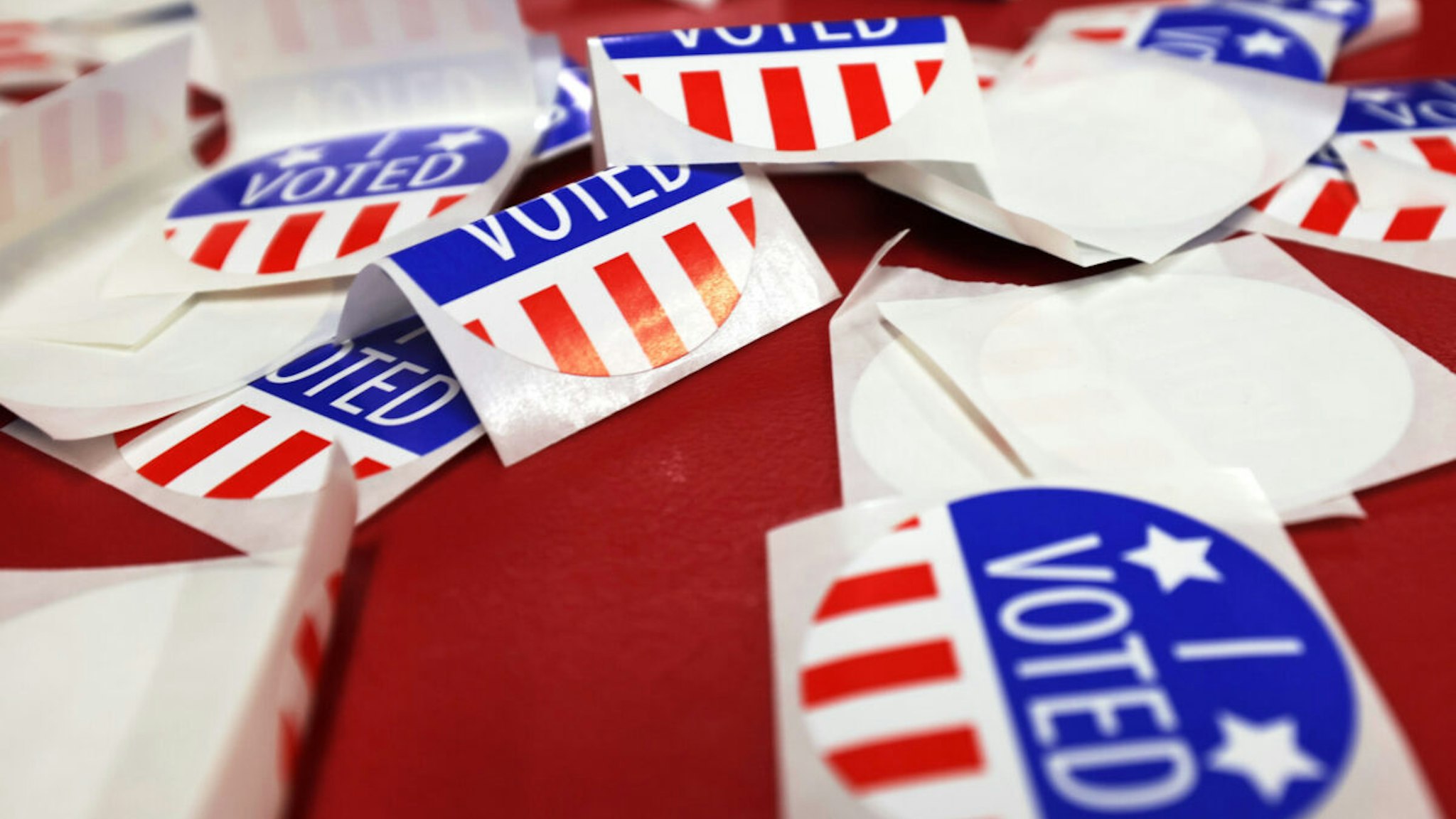 "I Voted" stickers are seen on a table during the Midterm Primary Election Day at Engine Company No. 2 Firehouse on June 07, 2022 in Hoboken, New Jersey.