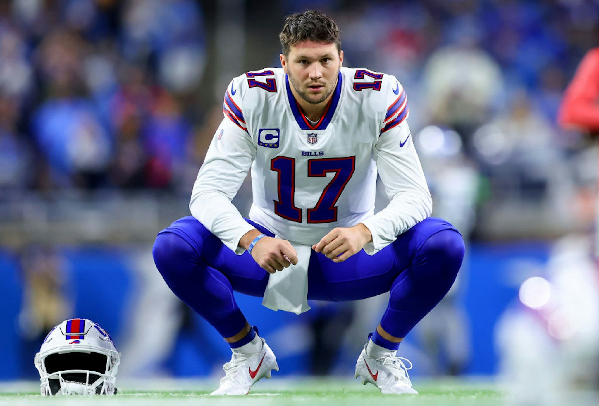 Josh Allen #17 of the Buffalo Bills looks on prior to a game against the Detroit Lions at Ford Field on November 24, 2022 in Detroit, Michigan.