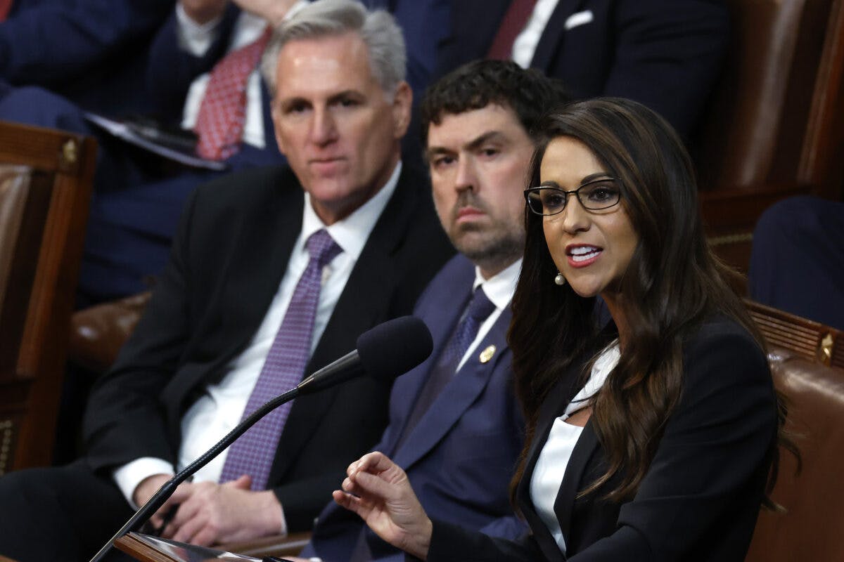 U.S. Rep.-elect Lauren Boebert (R-CO) (R) delivers remarks alongside House Republican Leader Kevin McCarthy (L) in the House Chamber during the second day of elections for Speaker of the House at the U.S. Capitol Building on January 04, 2023 in Washington, DC.