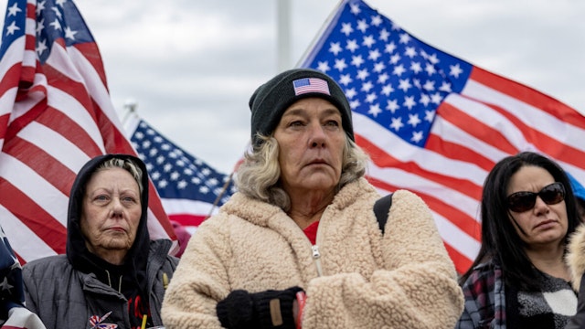 icki Witthoeft, mother of Ashli Babbitt, who was killed on Jan 6, 2021 stands with supporters of protesters that were arrested on Jan 6, 2021 as they protest outside the U.S. Supreme Court on the second anniversary of the January 6 insurrection of the U.S. Capitol on January 06, 2023 in Washington, DC.