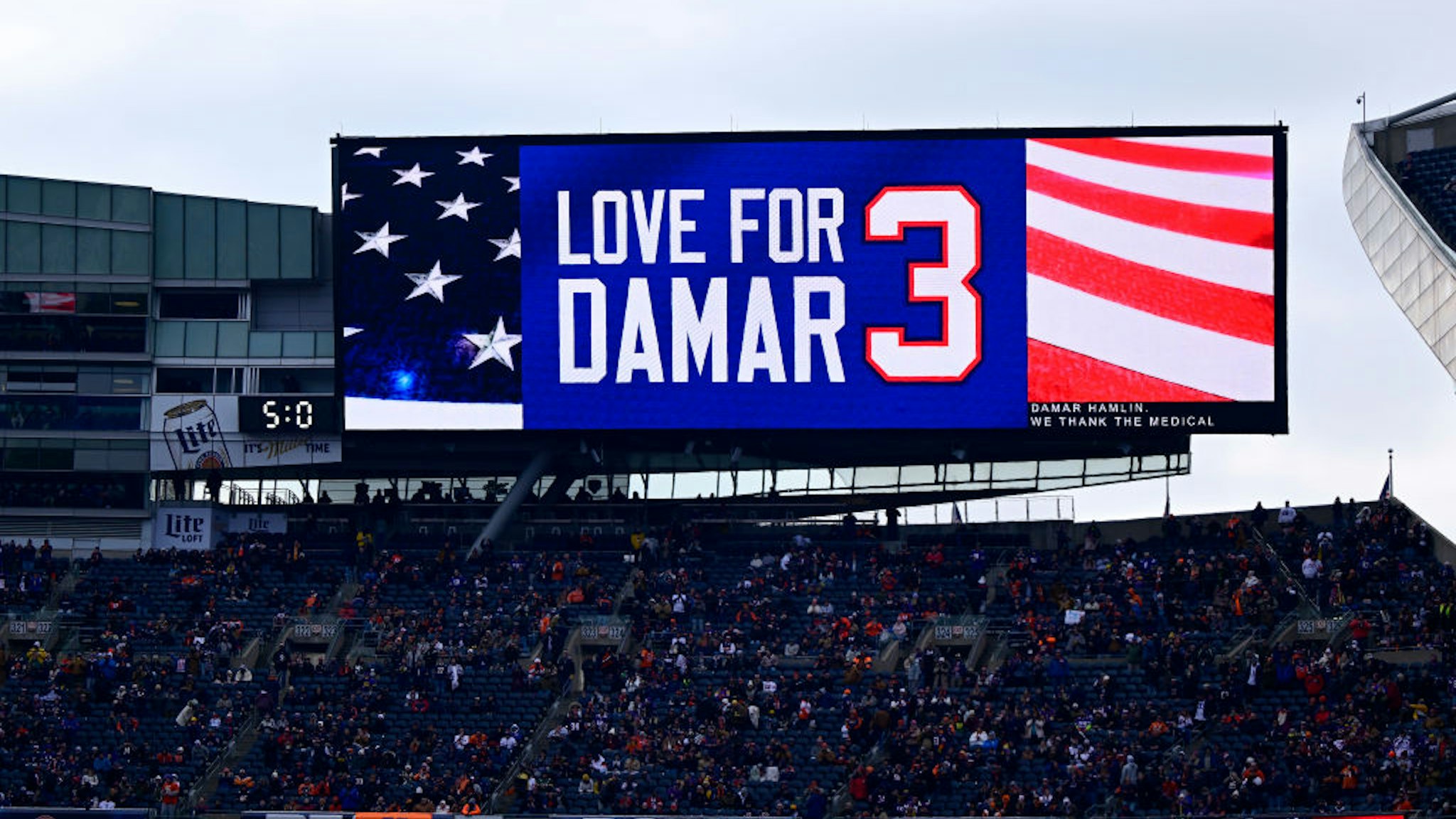 CHICAGO, ILLINOIS - JANUARY 08: Signage is displayed in support of Buffalo Bills safety Damar Hamlin during the game between the Minnesota Vikings and Chicago Bears at Soldier Field on January 08, 2023 in Chicago, Illinois. (Photo by Quinn Harris/Getty Images)