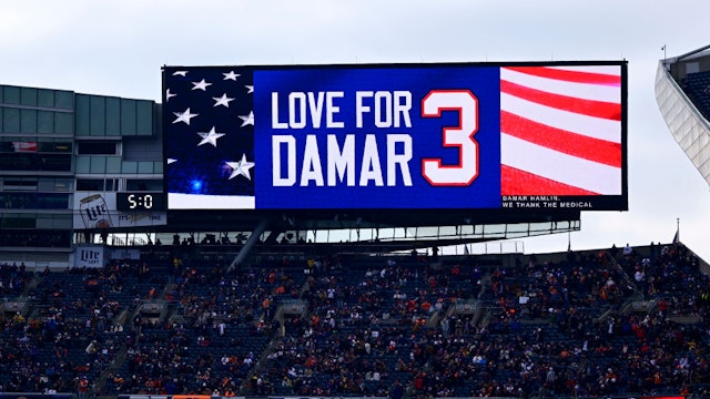 CHICAGO, ILLINOIS - JANUARY 08: Signage is displayed in support of Buffalo Bills safety Damar Hamlin during the game between the Minnesota Vikings and Chicago Bears at Soldier Field on January 08, 2023 in Chicago, Illinois. (Photo by Quinn Harris/Getty Images)