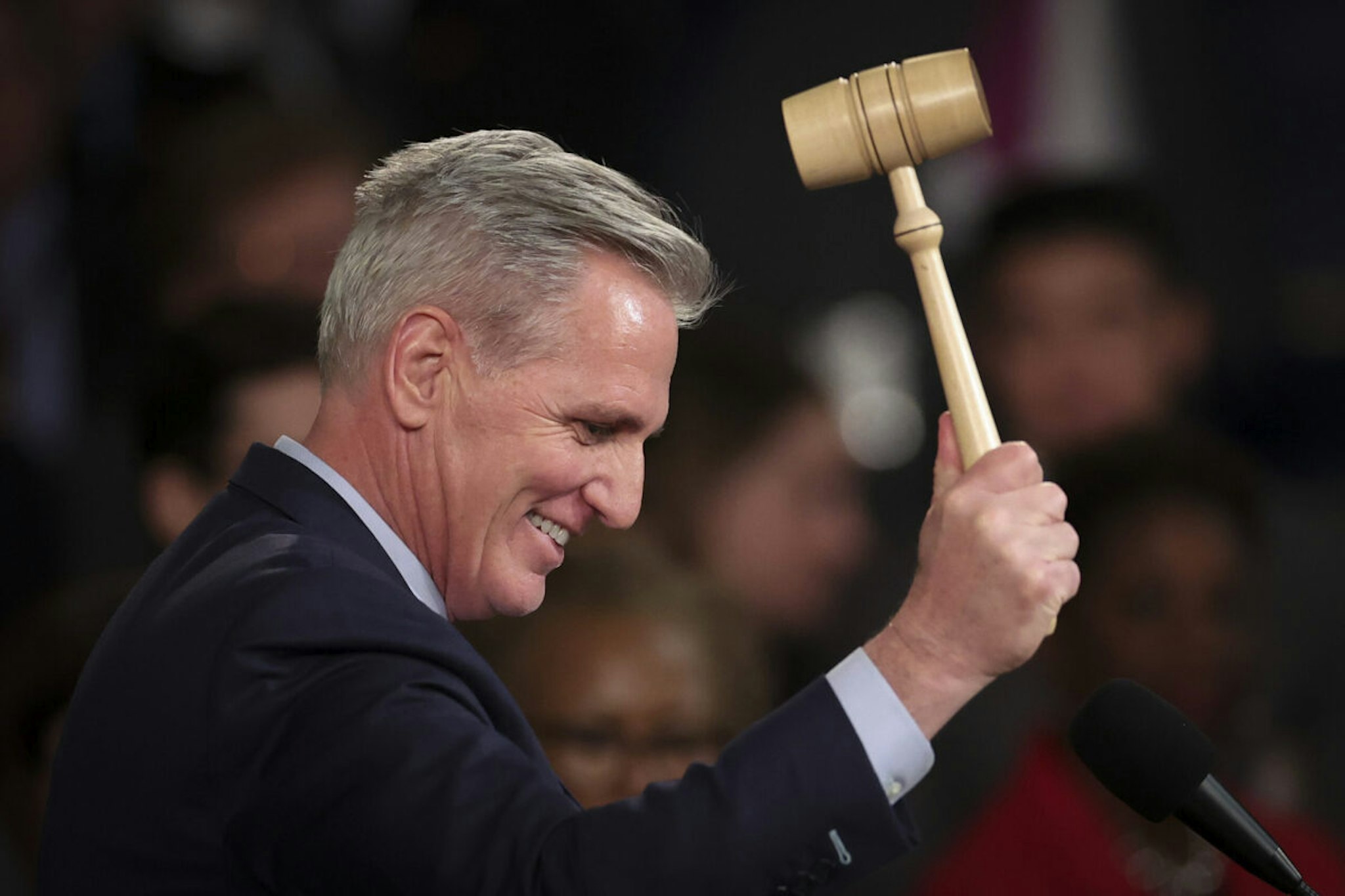 U.S. Speaker of the House Kevin McCarthy (R-CA) celebrates while holding the Speaker's gavel after being elected as Speaker in the House at the U.S. Capitol on January 07, 2023 in Washington, DC.