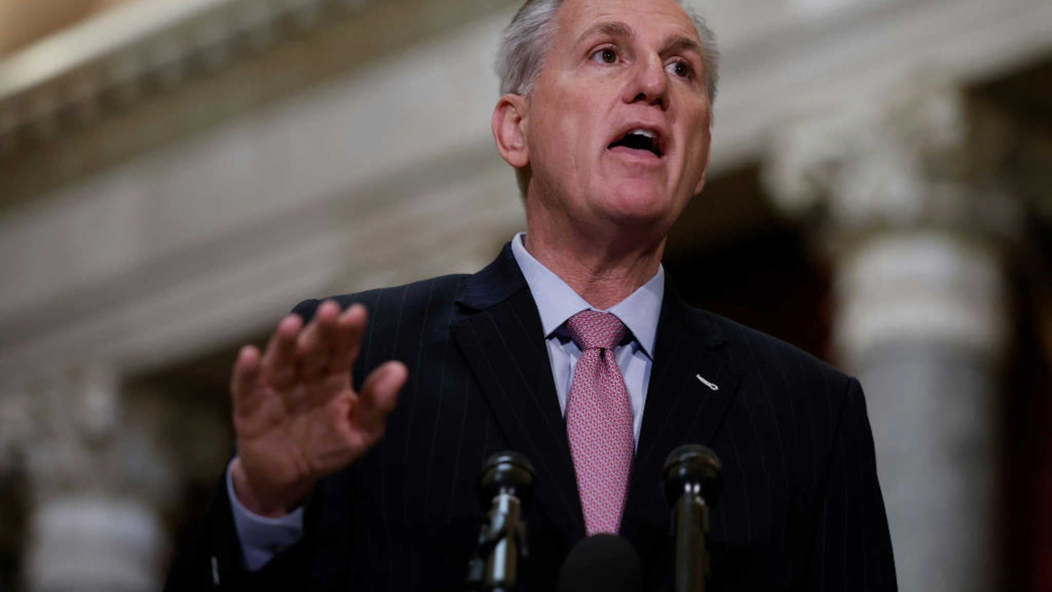 WASHINGTON, DC - JANUARY 12: U.S. Speaker Kevin McCarthy (R-CA) speaks at a news conference in Statuary Hall of the U.S. Capitol Building on January 12, 2023 in Washington, DC. During his news conference, McCarthy discussed a range of topics including recent classified documents found inside an office used by U.S. President Joe Biden after his time as vice president and committee assignments for Rep. George Santos (R-NY). (Photo by Anna Moneymaker/Getty Images)