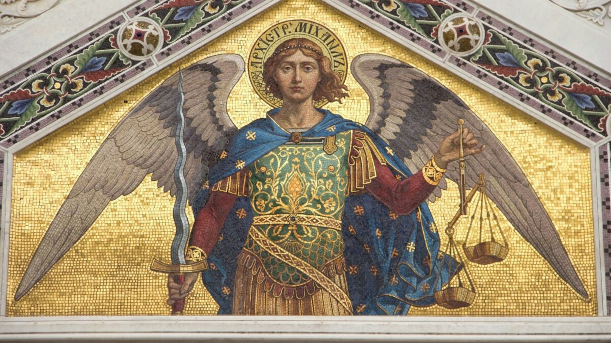Mosaic of Saint Michael on the facade of Serbian Orthodox Church in Trieste