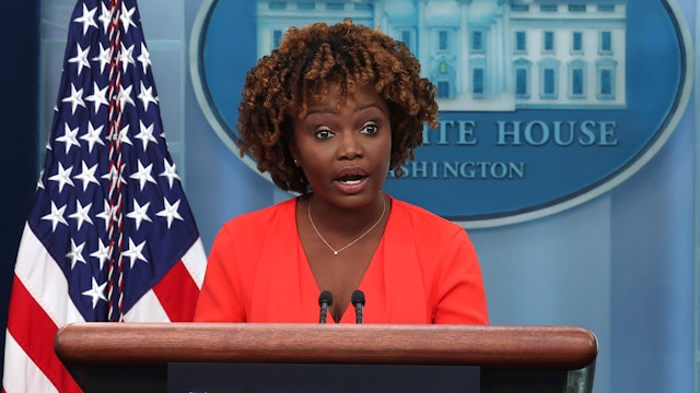 WASHINGTON, DC - JANUARY 11: White House Press Secretary Karine Jean-Pierre speaks during a press briefing at the White House on January 11, 2023 in Washington, DC. Jean-Pierre spoke on the classified documents found at a think tank office formerly used by President Joe Biden and the ongoing Russian invasion of Ukraine.