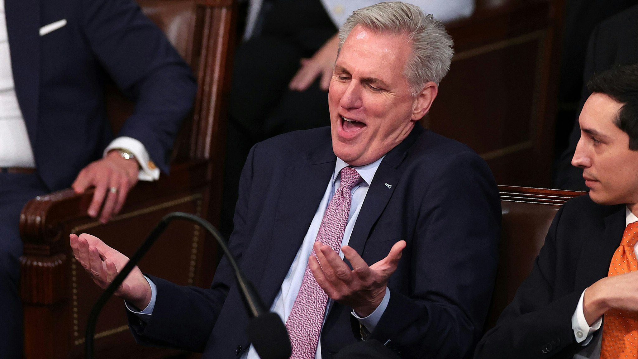 WASHINGTON, DC - JANUARY 06: U.S. House Republican Leader Kevin McCarthy (R-CA) reacts in the House Chamber during the fourth day of elections for Speaker of the House at the U.S. Capitol Building on January 06, 2023 in Washington, DC. The House of Representatives is meeting to vote for the next Speaker after House Republican Leader Kevin McCarthy (R-CA) failed to earn more than 218 votes on several ballots; the first time in 100 years that the Speaker was not elected on the first ballot.