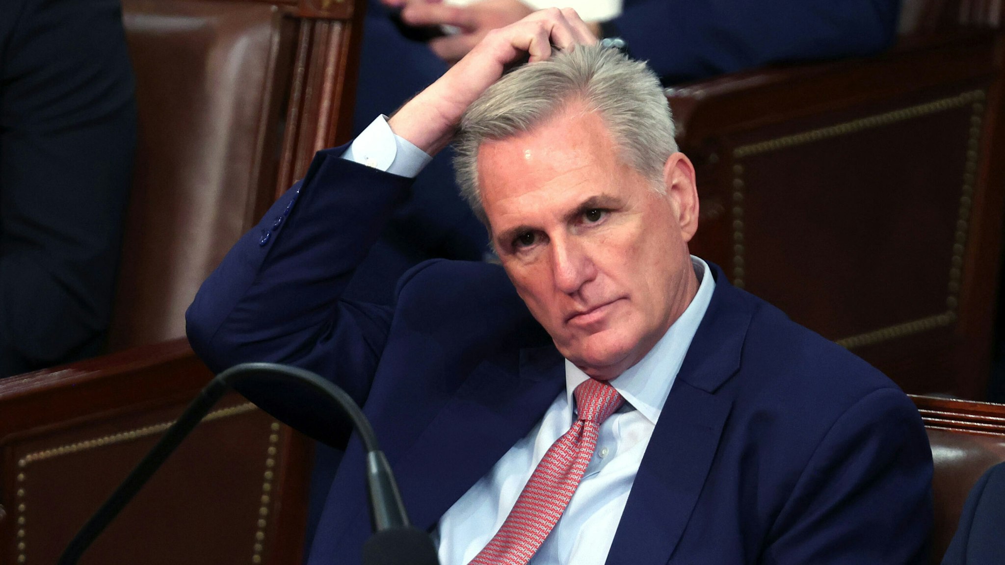 WASHINGTON, DC - JANUARY 03: U.S. House Minority Leader Kevin McCarthy (R-CA) reacts as Representatives cast their votes for Speaker of the House on the first day of the 118th Congress in the House Chamber of the U.S. Capitol Building on January 03, 2023 in Washington, DC. Today members of the 118th Congress will be sworn-in and the House of Representatives will elect a new Speaker of the House.