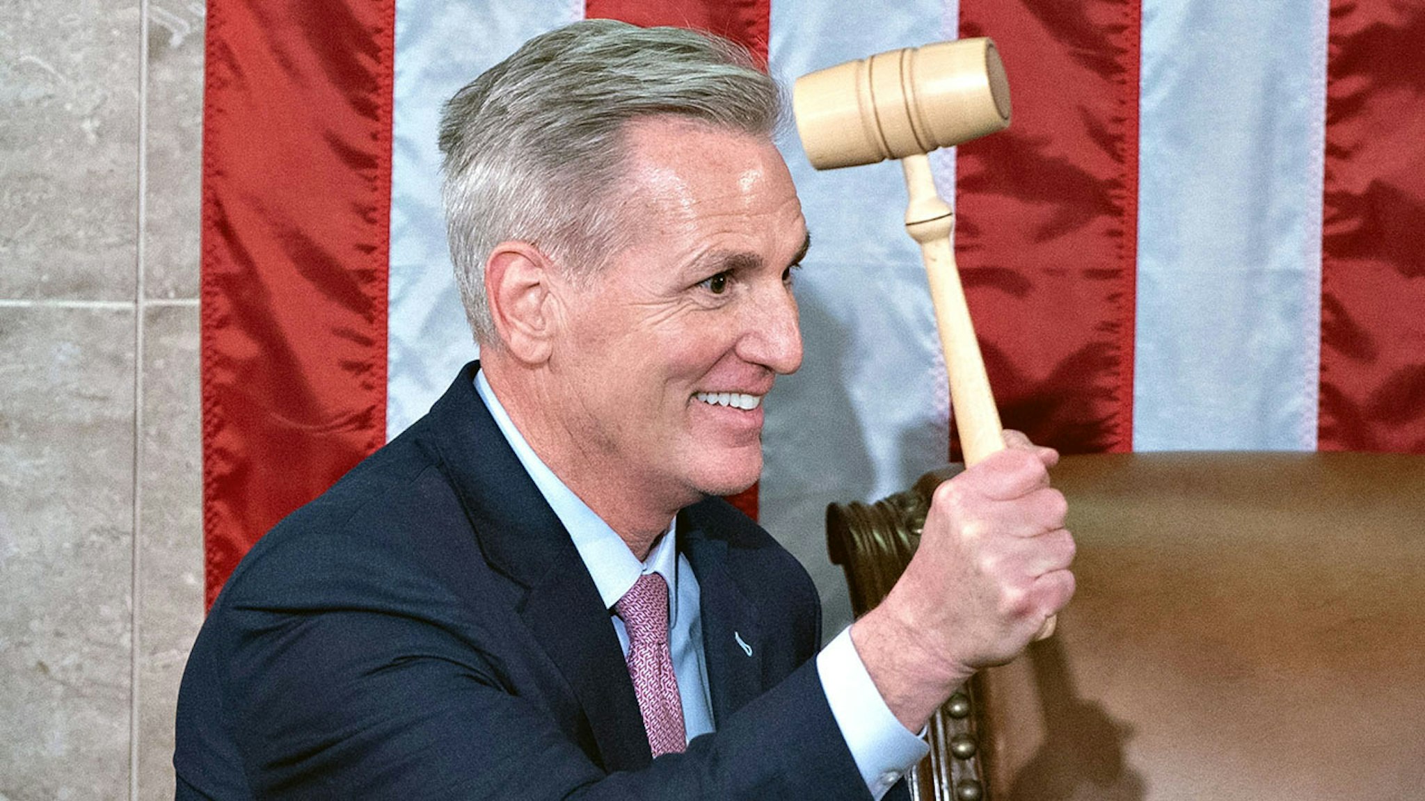 Representative Kevin McCarthy, a Republican from California, holds the Speaker's gavel after becoming House speaker during a meeting of the 118th Congress in the House Chamber at the US Capitol in Washington, DC, US, Saturday, Jan. 7, 2023. McCarthy achieved his long-held ambition of becoming House speaker after quelling a rebellion by GOP conservative hardliners, but at the cost of further weakening his precarious position within a sharply divided party.