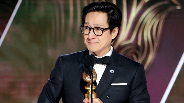 80th Annual GOLDEN GLOBE AWARDS -- Pictured: Ke Huy Quan accepts an award onstage at the 80th Annual Golden Globe Awards held at the Beverly Hilton Hotel on January 10, 2023 in Beverly Hills, California.