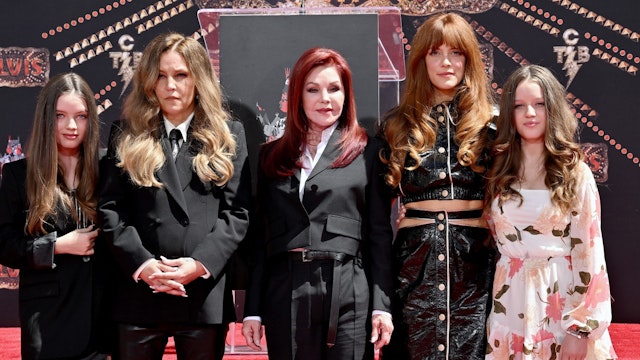 Harper Vivienne Ann Lockwood, Lisa Marie Presley, Priscilla Presley, Riley Keough, and Finley Aaron Love Lockwood attend the Handprint Ceremony honoring Three Generations of Presley's at TCL Chinese Theatre on June 21, 2022 in Hollywood, California.