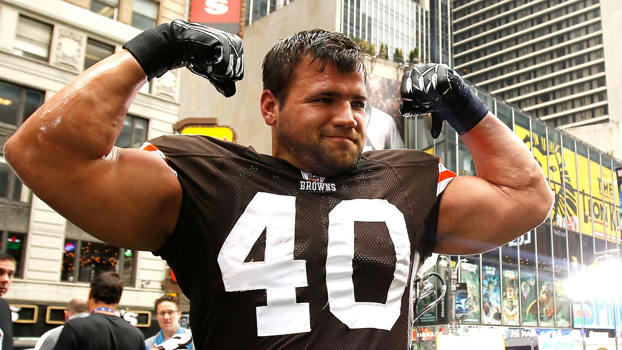 NEW YORK - APRIL 28: Peyton Hillis #40 of the Cleveland Browns participates in a photo shoot for the cover of EA Sports Madden NFL 12 on April 28, 2011 in Time Square, New York City