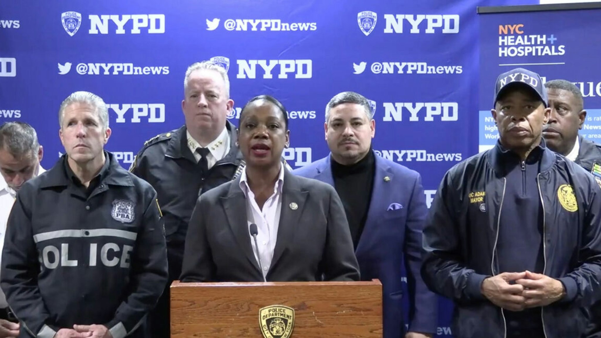 New York Police Department Superintendent Keechant Sewell (3rd L) speaks during press conference after 3 NY Police Officer wounded by machete attack at Times Square in New York, United States on January 01, 2023