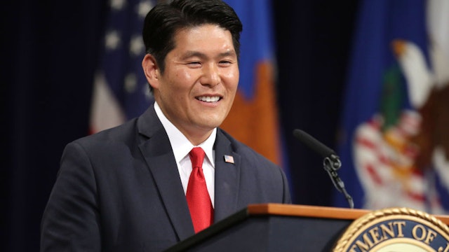 WASHINGTON, DC - MAY 09: U.S. Attorney for the District of Maryland Robert Hur delivers remarks during Deputy Attorney General Rod Rosenstein's farewell ceremony at the Robert F. Kennedy Main Justice Building May 09, 2019 in Washington, DC. Rosenstein, who has worked for the federal government for more than 29 years, will be most remembered for overseeing special counsel Robert Mueller's investigation into Russian interference in the 2018 presidential election. (Photo by Chip Somodevilla/Getty Images)
