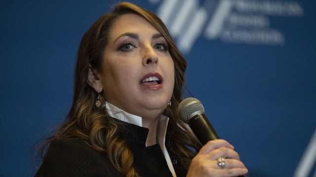 Ronna McDaniel, chairwoman of the Republican National Committee, speaks during the Republican Jewish Coalition (RJC) Annual Leadership Meeting in Las Vegas, Nevada, U.S., on Saturday, Nov. 6, 2021. Following Tuesday's results, the National Republican Campaign Committee added 13 House Democrats to the list of 57 it was targeting for defeat in the midterm elections as the GOP seeks to erase Democrats five-seat margin in the House and control of the 50-50 Senate with Vice President Kamala Harris's vote. Photographer: Bridget Bennett/Bloomberg