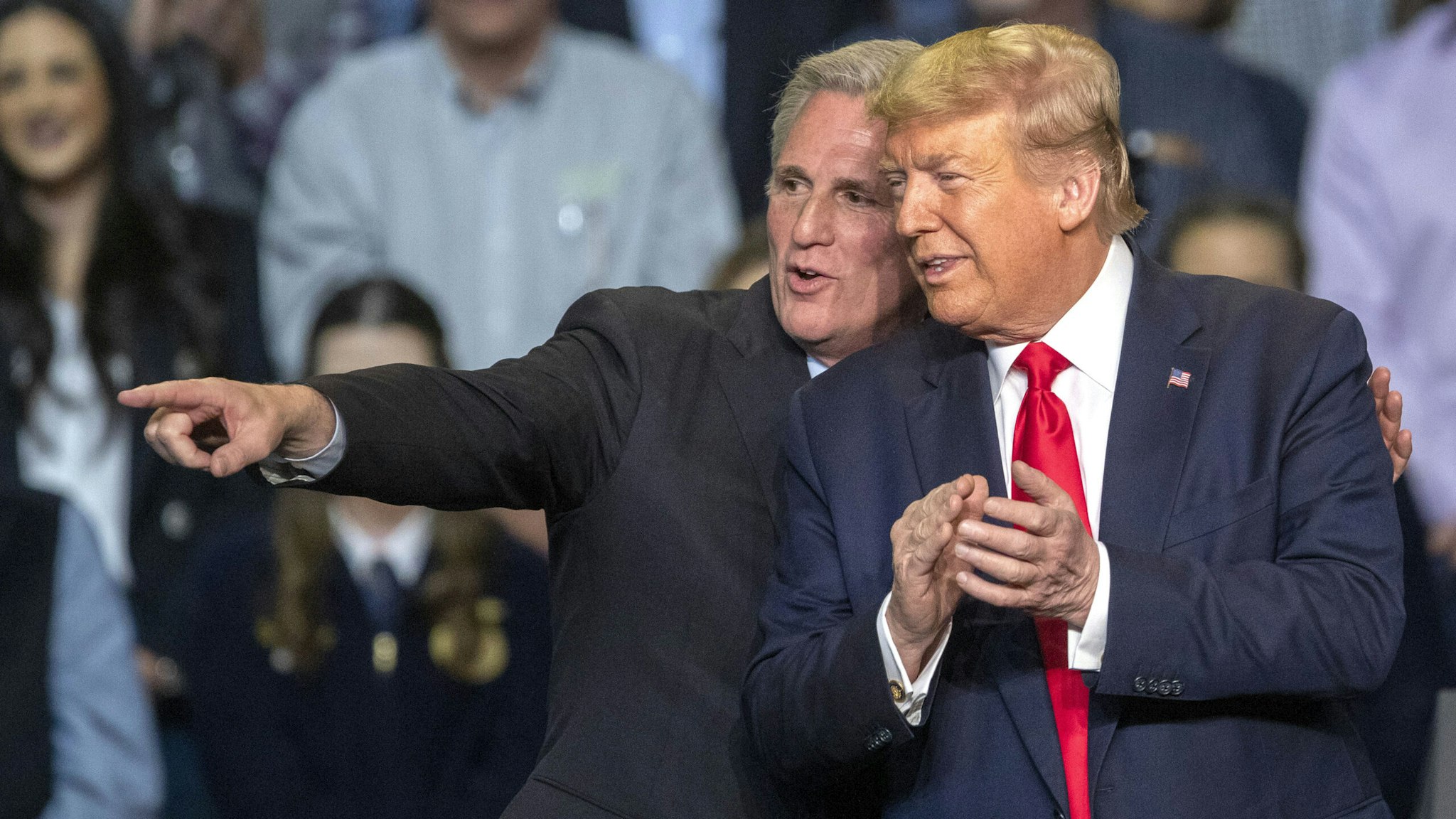 BAKERSFIELD, CA - FEBRUARY 19: House Minority Leader Kevin McCarthy and U.S. President Donald Trump attend a legislation signing rally with local farmers on February 19, 2020 in Bakersfield, California. The presidential signing ushers in his administration's new rules altering how federal authorities decide who gets water and how much in California, sending more water to farmers despite predictions that the changes will further threaten endangered species in the fragile San Joaquin Delta.