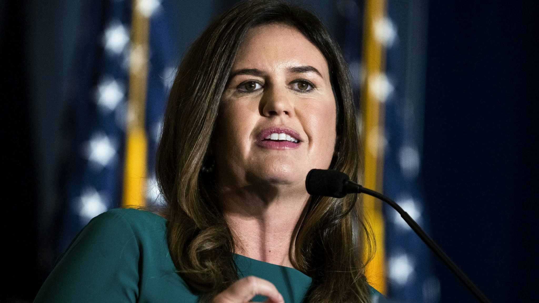 UNITED STATES - JULY 26: Sarah Huckabee Sanders, former Trump White House press secretary, addresses the America First Policy Institute's America First Agenda Summit at the Marriott Marquis on Tuesday, July 26, 2022.