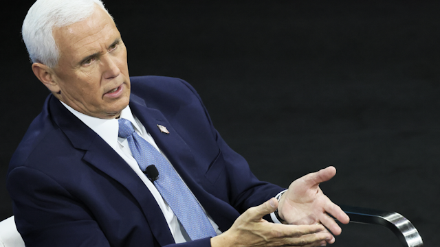NEW YORK, NEW YORK - NOVEMBER 30: Former Vice President Mike Pence speaks during the New York Times DealBook Summit in the Appel Room at the Jazz At Lincoln Center on November 30, 2022 in New York City. The New York Times held its first in-person DealBook Summit since the start of the coronavirus (COVID-19) pandemic with speakers from the worlds of financial services, technology, consumer goods, private investment, venture capital, banking, media, public relations, policy, government, and academia.