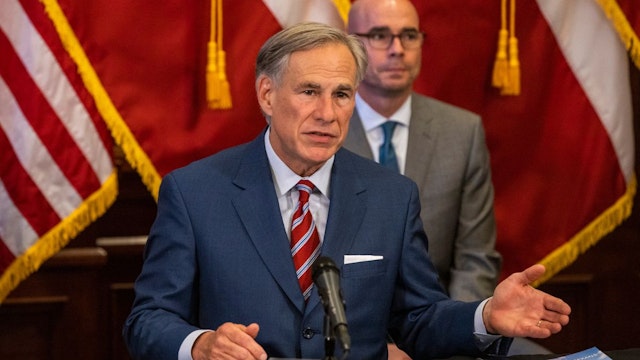 Texas Governor Greg Abbott announces the reopening of more Texas businesses during the COVID-19 pandemic at a press conference at the Texas State Capitol on May 18, 2020 in Austin, Texas.