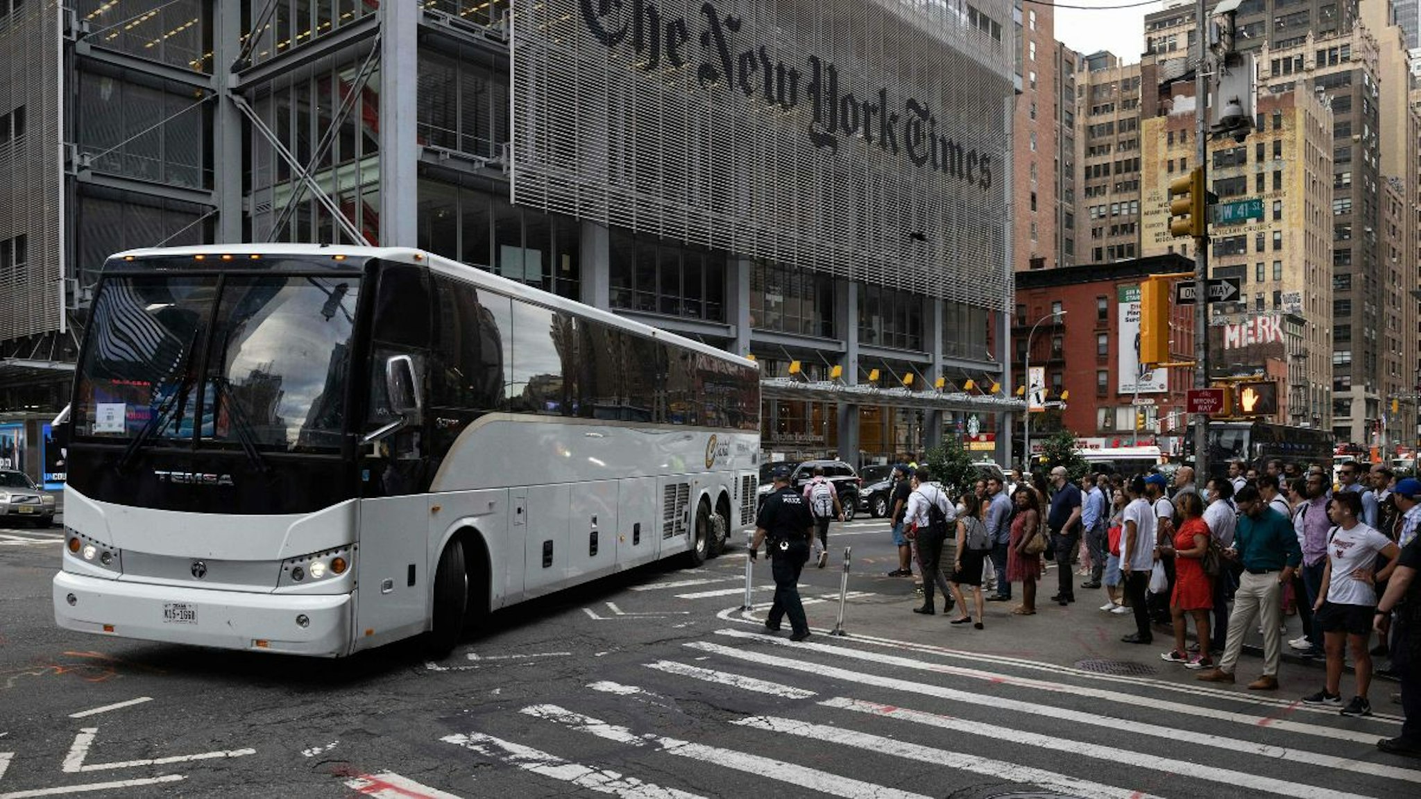 A bus carrying migrants from Texas arrives at Port Authority Bus Terminal on August 10, 2022 in New York.