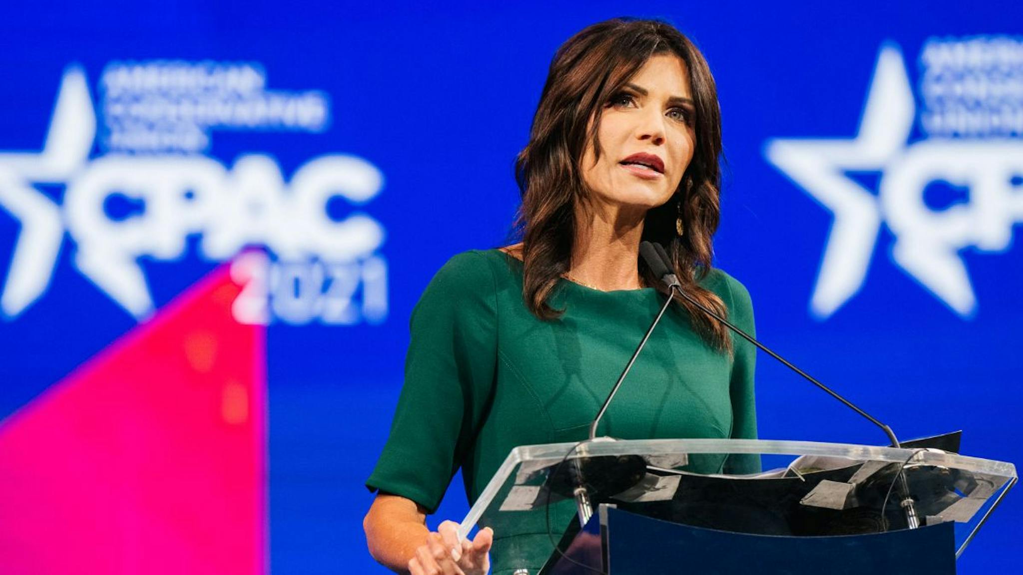 Kristi Noem South Dakota Gov. Kristi Noem speaks during the Conservative Political Action Conference CPAC held at the Hilton Anatole on July 11, 2021 in Dallas, Texas.