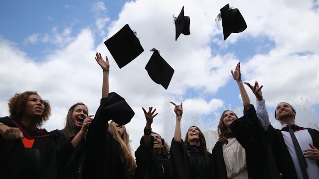 Students throw their caps in the air ahead of their graduation ceremony at the Royal Festival Hall on July 15, 2014 in London, England. Students of the London College of Fashion, Management and Science and Media and Communication attended their graduation ceremony at the Royal Festival Hall today.