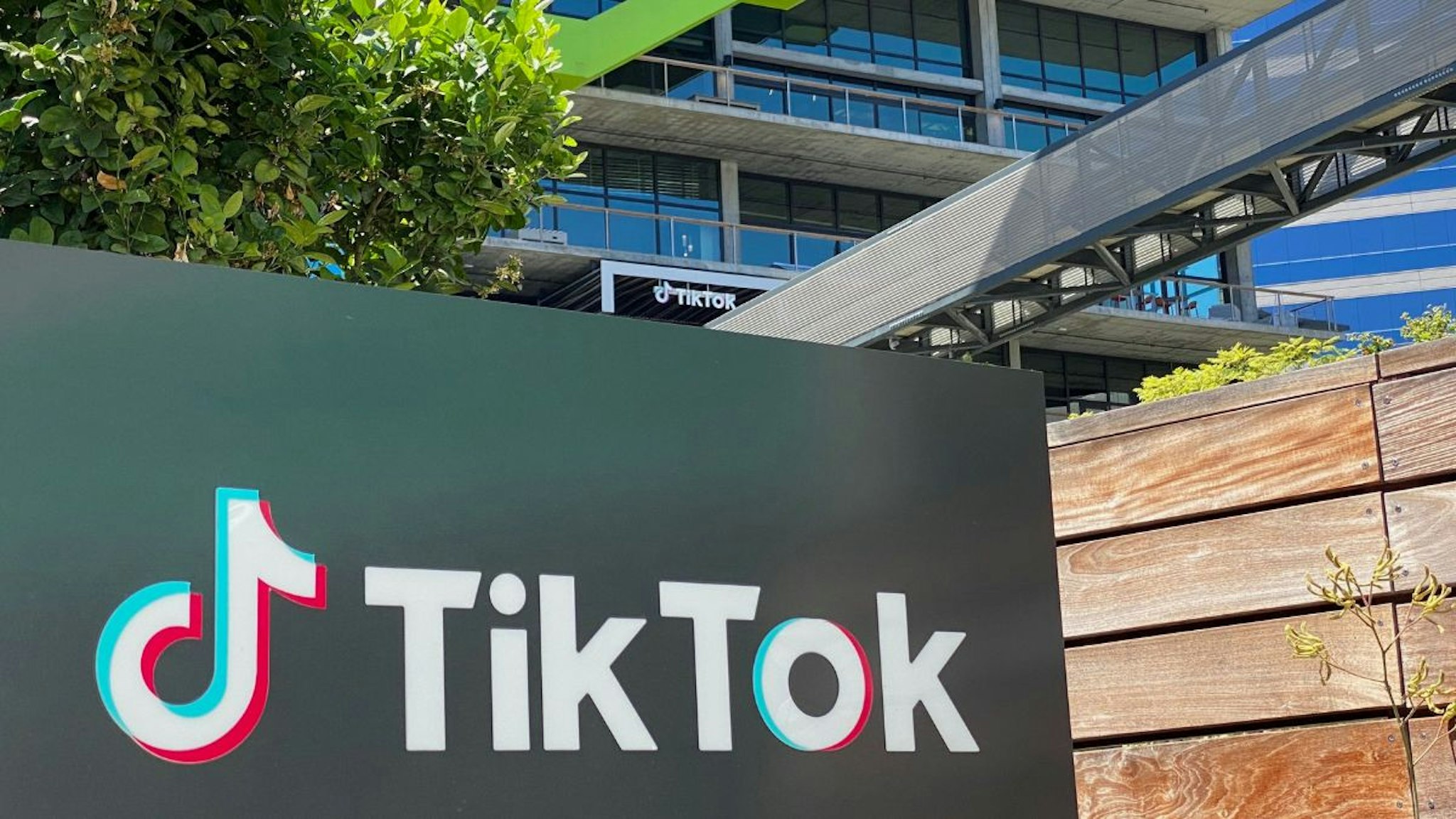 The logo of Chinese video app TikTok is seen on the side of the company's new office space at the C3 campus on August 11, 2020 in Culver City, in the westside of Los Angeles.