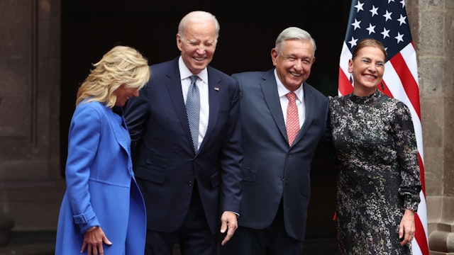 MEXICO CITY, MEXICO - JANUARY 09: U.S. President Joe Biden, First lady Jill Biden, President of Mexico Andres Manuel Lopez Obrador and his wife Beatriz Gutierrez Muller smile during a welcome ceremony as part of the '2023 North American Leaders' Summit at Palacio Nacional on January 09, 2023 in Mexico City, Mexico. President Lopez Obrador, USA President Joe Biden and Canadian Prime Minister Justin Trudeau gather in Mexico from January 9 to 11 as part of the 10th North American Leaders' Summit. The agenda includes topics on the climate change, immigration, trade and economic integration, security among others.