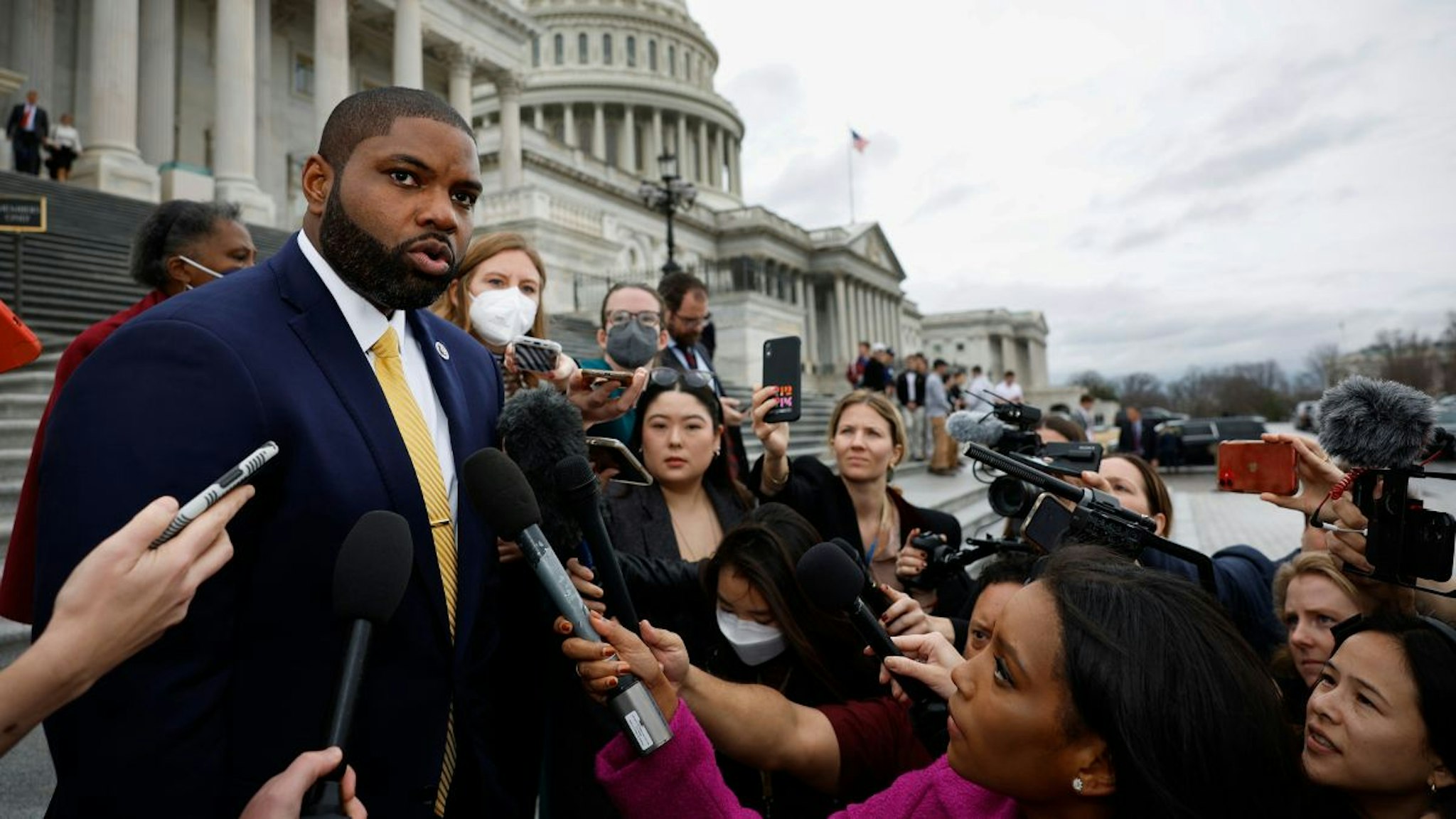 U.S. Rep.- elect Byron Donalds (R-FL) speaks to the media during the second day of elections for Speaker of the House outside the U.S. Capitol Building on January 04, 2023 in Washington, DC.