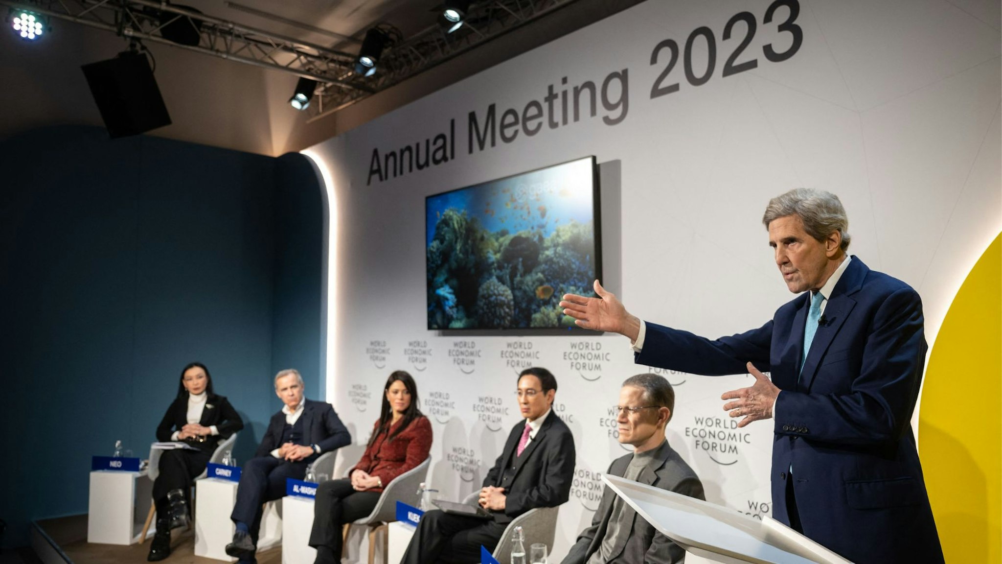 US Presidential Envoy for Climate John Kerry (R) delivers a speech at the Congress centre during the World Economic Forum (WEF) annual meeting in Davos on January 17, 2023.