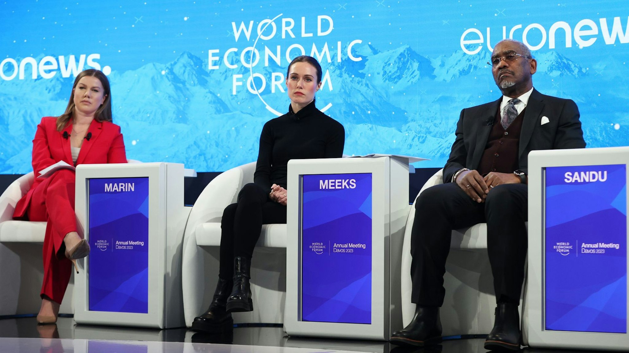 DAVOS, SWITZERLAND - JANUARY 17: US House Foreign Affairs Committee Chairman Gregory Meeks (R) and Prime Minister of Finland Sanna Marin (C) attend the World Economic Forum (WEF) in Davos, Switzerland on January 17, 2023.