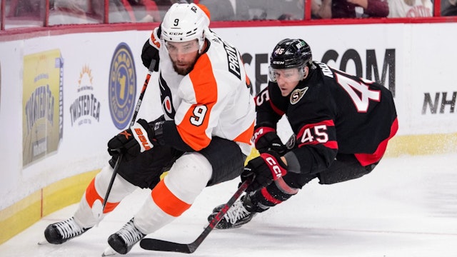Ivan Provorov #9 of the Philadelphia Flyers controls the puck against Parker Kelly #45 of the Ottawa Senators at Canadian Tire Centre on November 5, 2022 in Ottawa, Ontario, Canada.