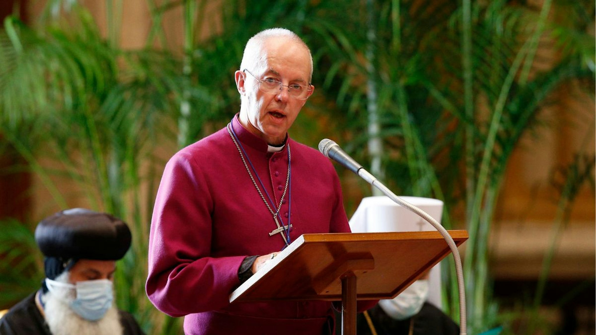 Anglican Archbishop Justin Welby of Canterbury addresses the meeting, “Faith and Science: Towards COP26,” attended by Pope Francis and other religious leaders in the Hall of Benedictions on October 04, 2021 in Vatican City, Vatican.