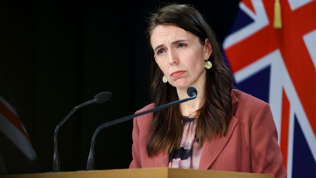 WELLINGTON, NEW ZEALAND - APRIL 19: In the handout image provided by Wellington International Airport, New Zealand Prime Minister Jacinda Ardern speaks to the media at the reception for the first Trans-Tasman bubble flight from Australia to Wellington on April 19, 2021 in Wellington, New Zealand. The trans-Tasman travel bubble between New Zealand and Australia begins on Monday, with people able to travel between the two countries without needing to quarantine.