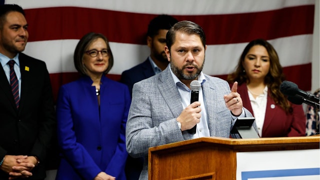Congressional Hispanic Caucus BOLD PAC Chairman Democratic Rep. Ruben Gallego (D-AZ) speaks at a Congressional Hispanic Caucus (CHC) event welcoming new Latino members to Congress at the headquarters of the Democratic National Committee (DNC) on November 18, 2022 in Washington, DC.