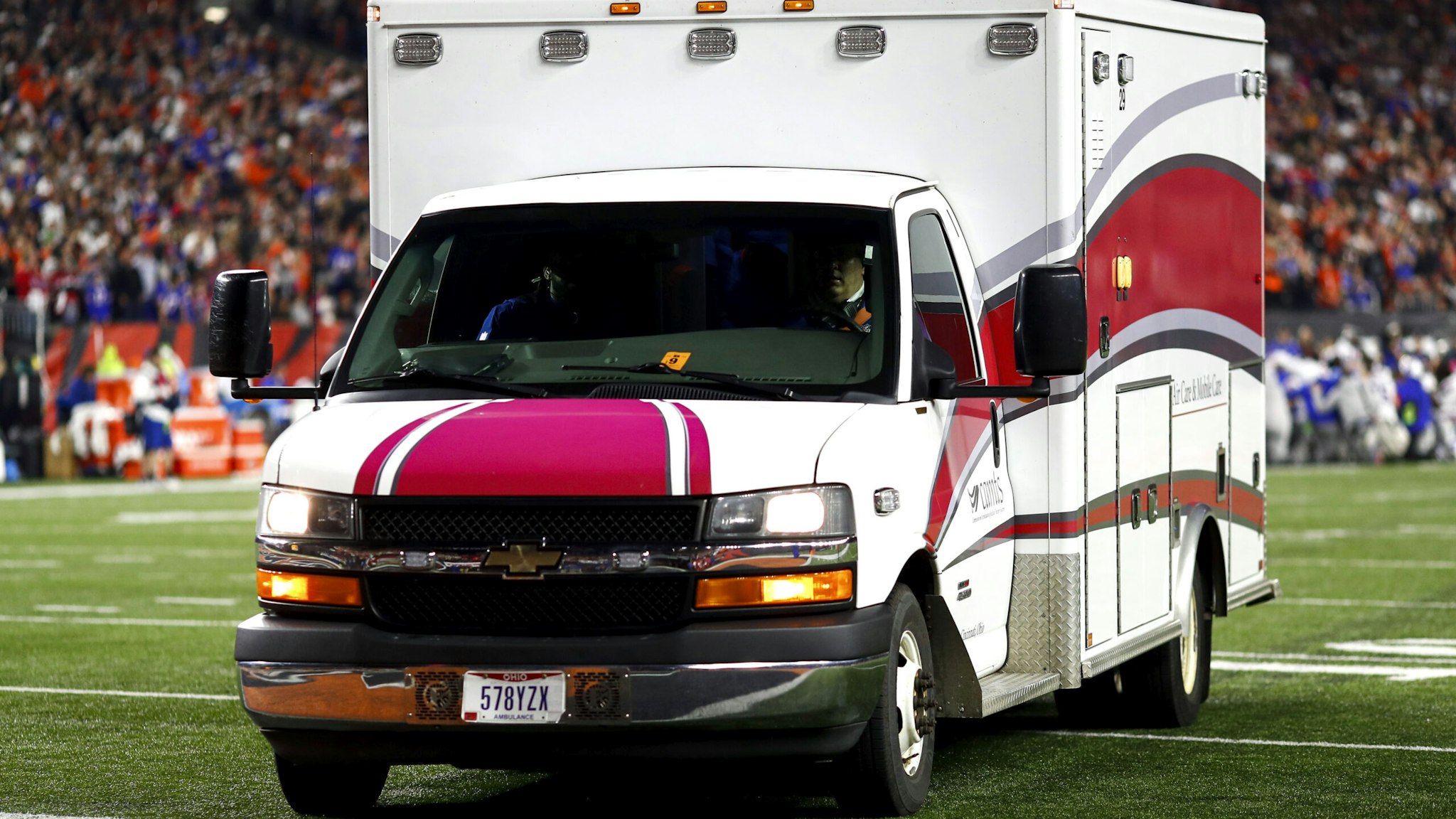 CINCINNATI, OH - JANUARY 2: Damar Hamlin #3 of the Buffalo Bills is driven off the field in an ambulance after sustaining an injury during the first quarter of an NFL football game against the Cincinnati Bengals at Paycor Stadium on January 2, 2023 in Cincinnati, Ohio.