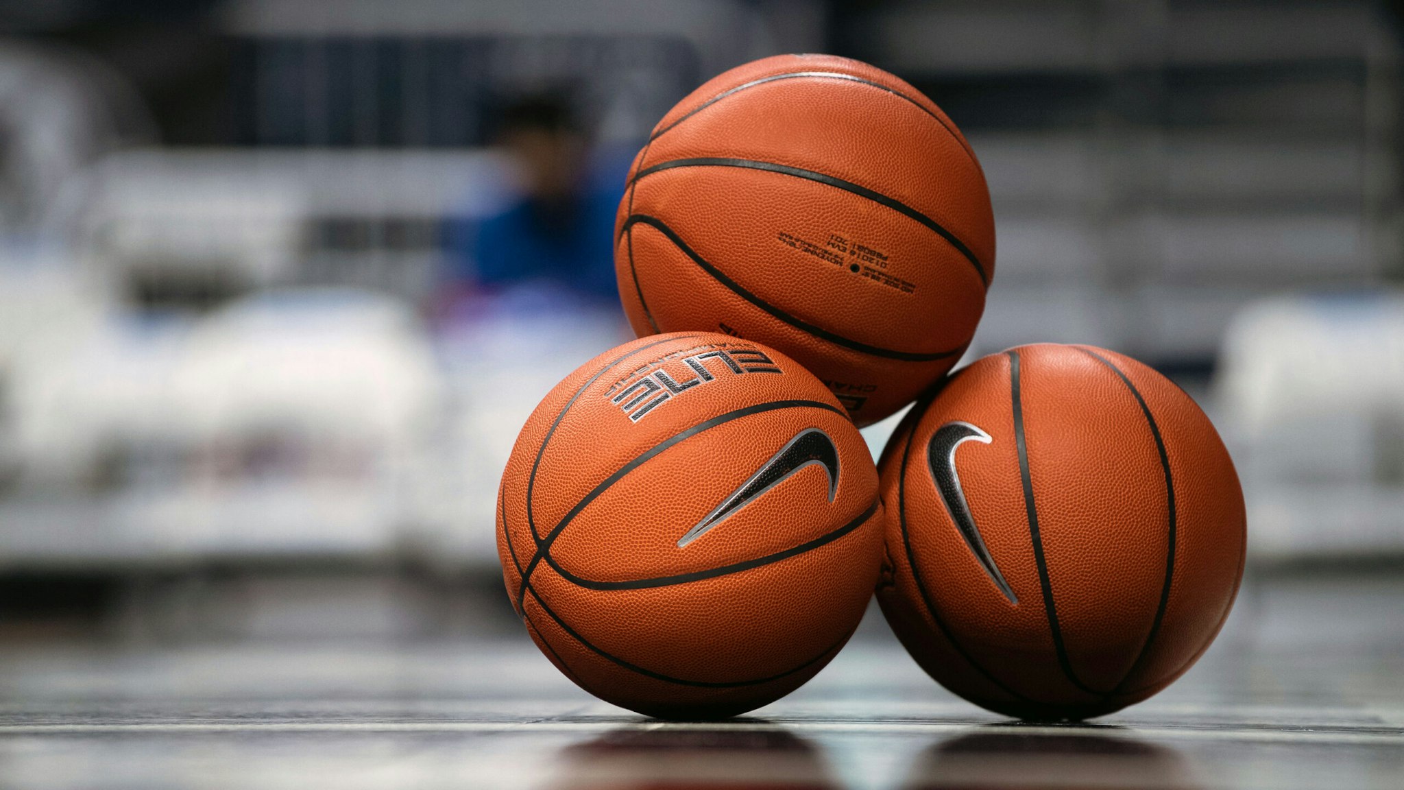 INDIANAPOLIS, IN - JANUARY 21: A stack of basketballs lays on the court before the women's college basketball game between the Butler Bulldogs and DePaul Blue Demons on January 21, 2021, at Hinkle Fieldhouse in Indianapolis, IN.