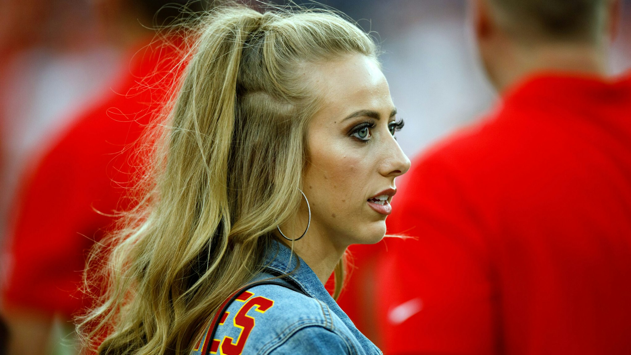 DENVER, CO - OCTOBER 17: Brittany Matthews, girlfriend of quarterback Patrick Mahomes of the Kansas City Chiefs, looks on before a game against the Denver Broncos at Empower Field at Mile High on October 17, 2019 in Denver, Colorado.