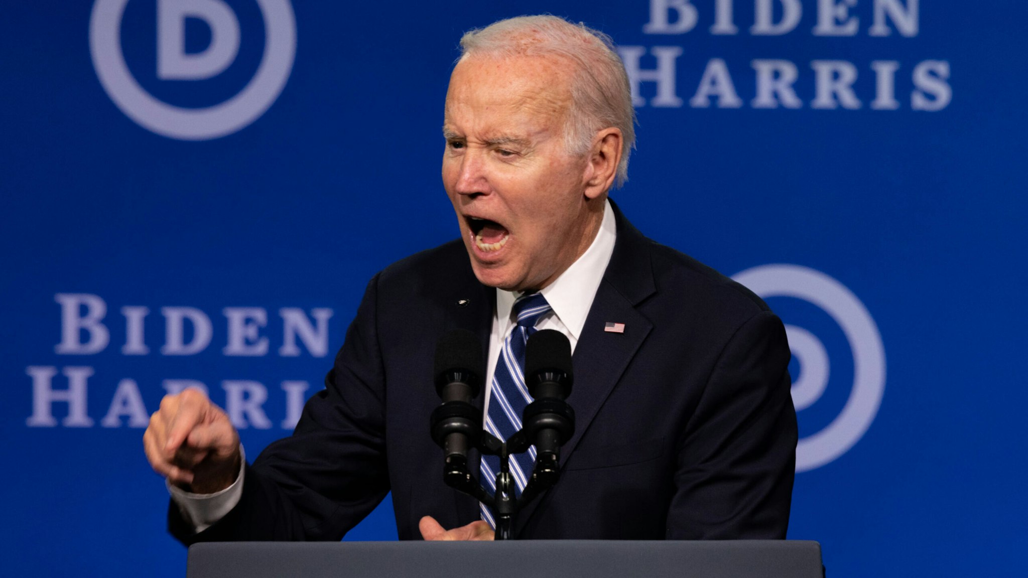 US President Joe Biden gestures as he speaks during the Democratic National Committee winter meeting in Philadelphia, US, on Friday, Feb. 3, 2023. Biden's budget director said this week she thinks Republicans and Democrats will eventually reach a budget deal and avert a breach of the debt ceiling.