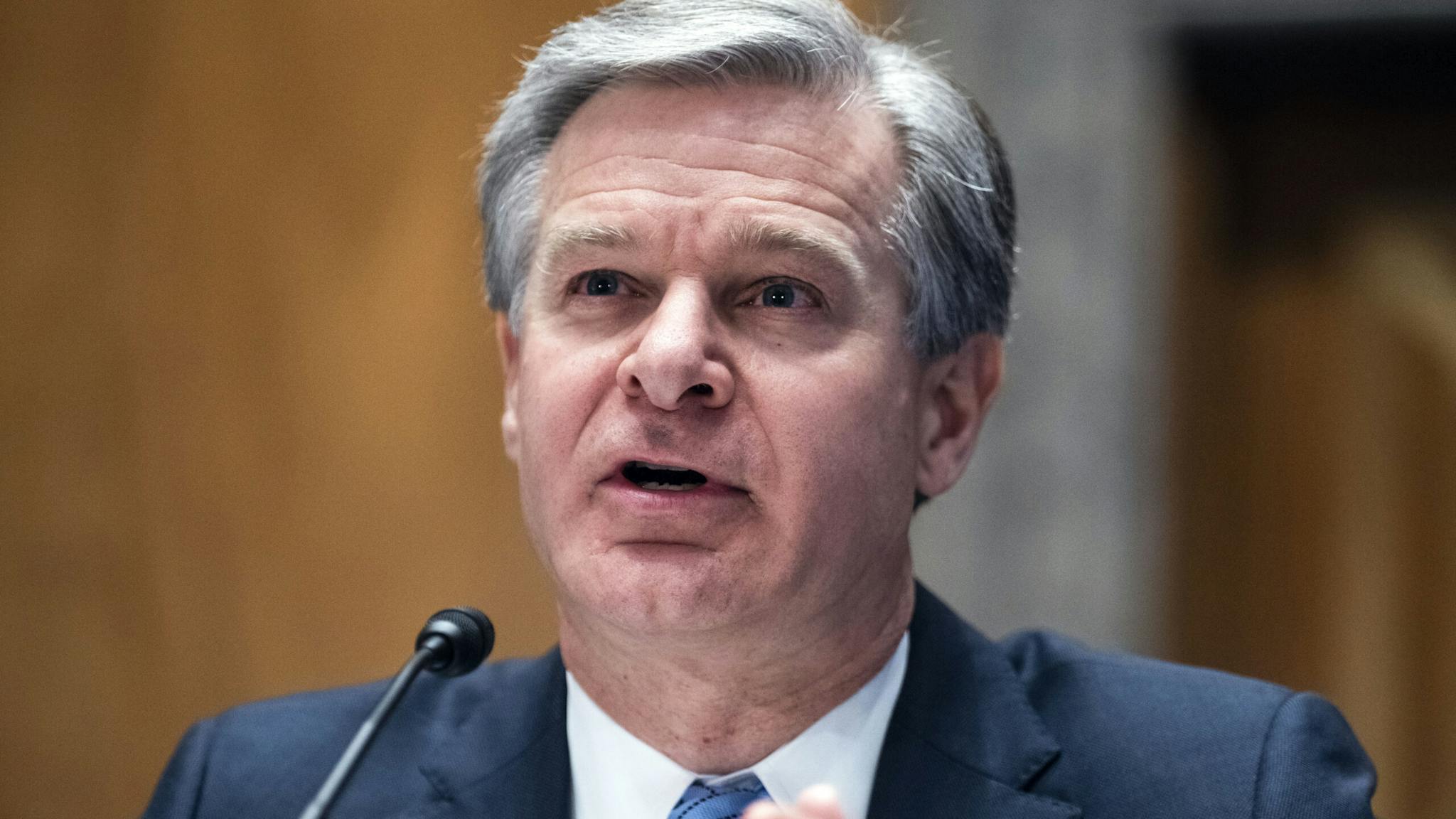 Threats to the Homeland UNITED STATES - NOVEMBER 17: FBI Director Chris Wray testifies during the Senate Homeland Security and Governmental Affairs Committee hearing titled Threats to the Homeland, in Dirksen Building on Thursday, November 17, 2022.