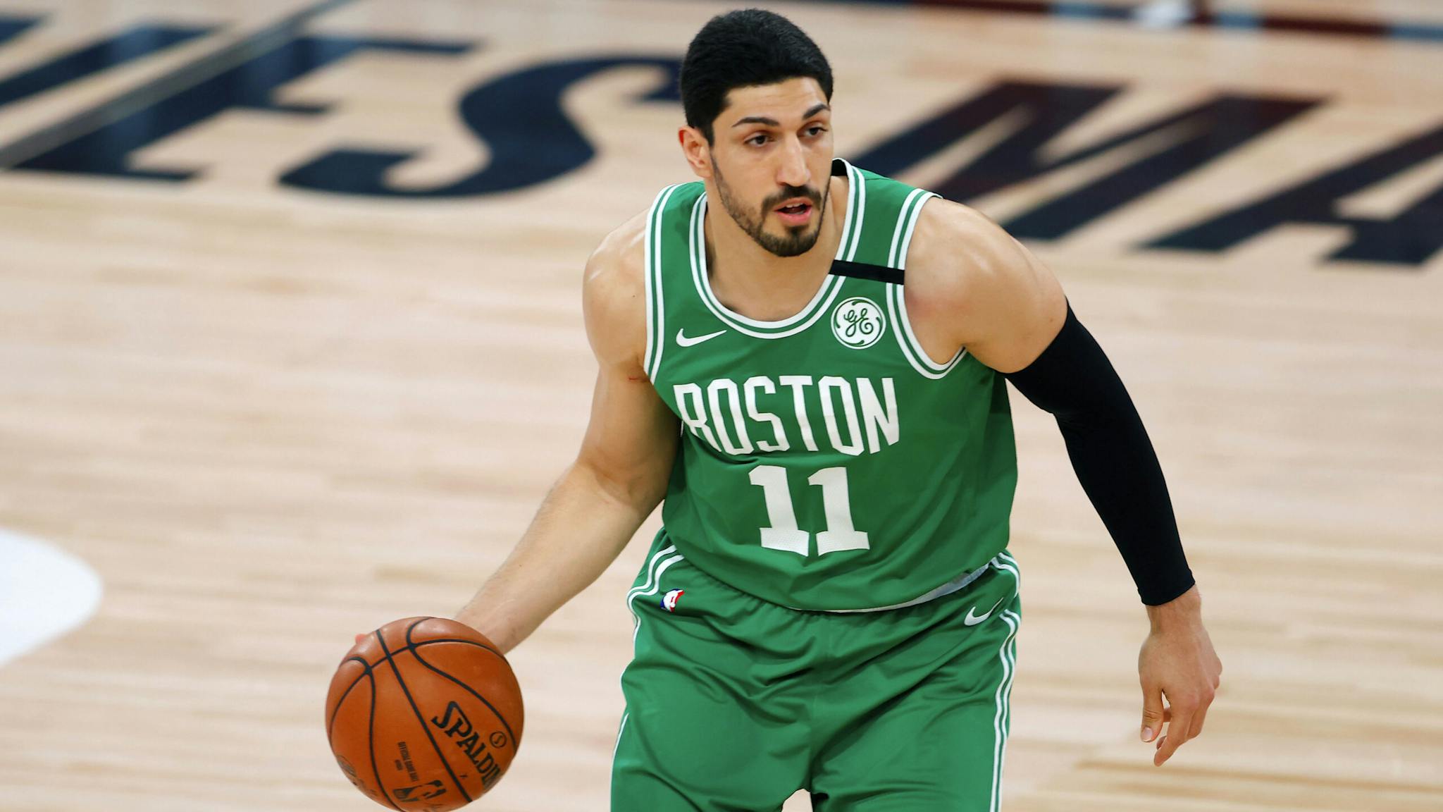 Portland Trail Blazers v Boston Celtics LAKE BUENA VISTA, FLORIDA - AUGUST 02: Enes Kanter #11 of the Boston Celtics handles the ball against the Portland Trail Blazers at The Arena at ESPN Wide World Of Sports Complex on August 02, 2020 in Lake Buena Vista, Florida. NOTE TO USER: User expressly acknowledges and agrees that, by downloading and or using this photograph, User is consenting to the terms and conditions of the Getty Images License Agreement.