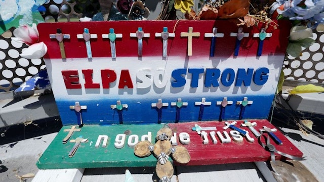 EL PASO, TEXAS - AUGUST 02: The words 'El Paso Strong' are written on a memento at a temporary memorial in Ponder Park honoring victims of the Walmart shooting which left 23 people dead in a racist attack targeting Latinos on August 2, 2020 in El Paso, Texas. August 3rd marks the one-year anniversary of the deadliest attack against Hispanics in modern U.S. history. A number of memorial events are planned amid the COVID-19 pandemic in the Texas city which sits along the U.S.-Mexico border. (Photo by Mario Tama/Getty Images)