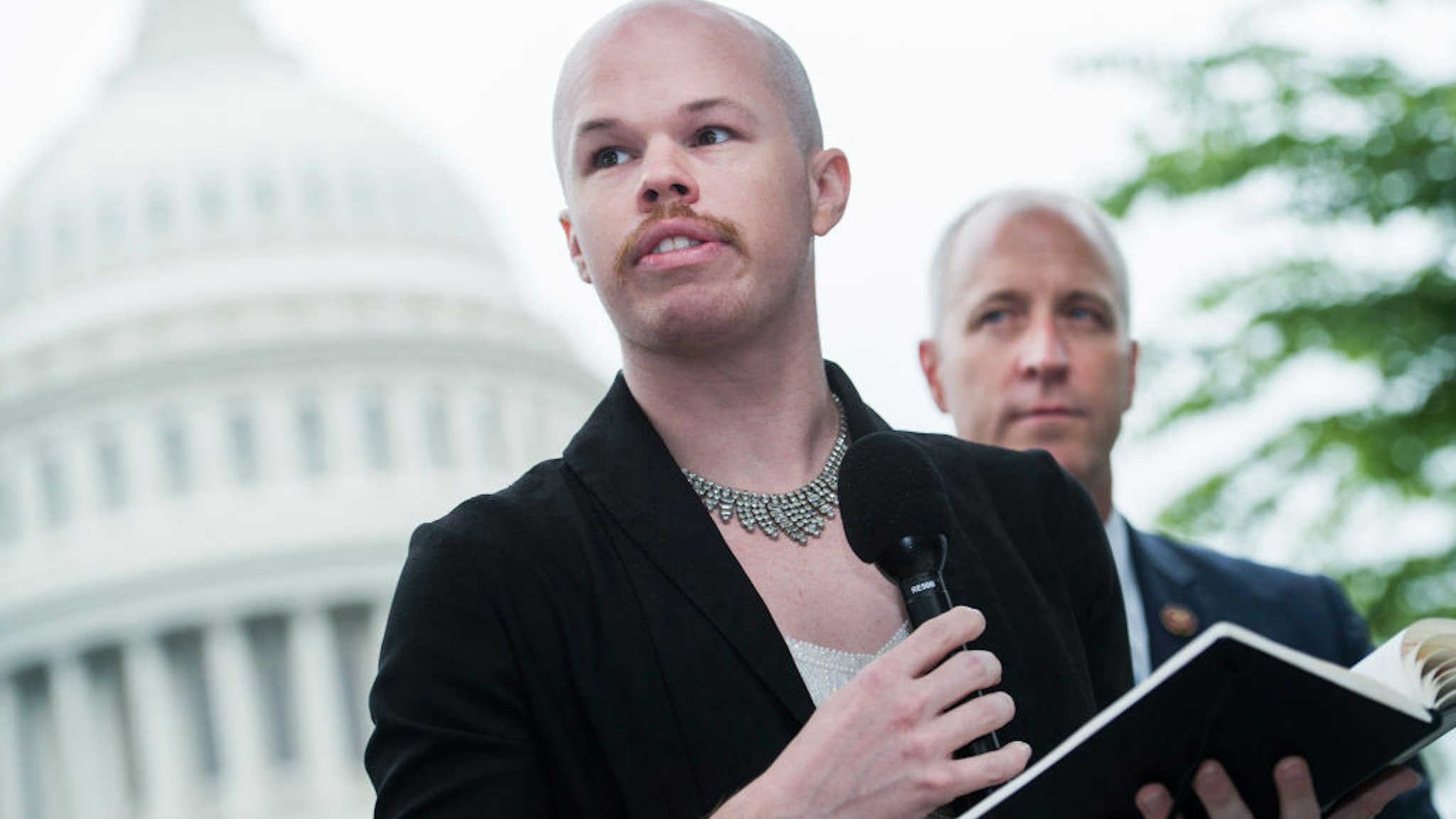 UNITED STATES - JUNE 13: Rep. Sean Patrick Maloney, D-N.Y., and Sam Brinton, of the Trevor Project, are seen during a news conference outside the Capitol on the "LGBTQ Essential Data Act," which would improve the collection of gender identity data in violent crimes on Thursday, June 13, 2019. (Photo By Tom Williams/CQ Roll Call)