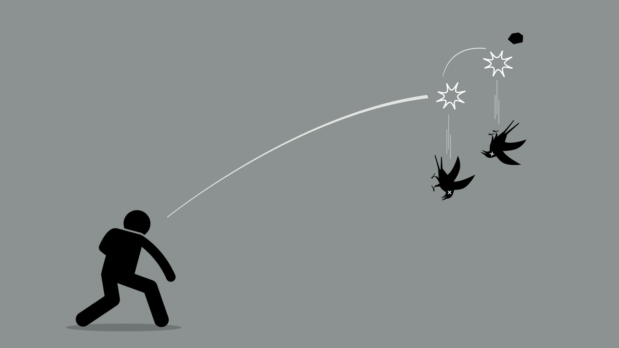 Vector artwork depicts a man throwing a rock at two birds and killing both of them at once. Concept of efficiency, productivity, skillful, and good strategy.