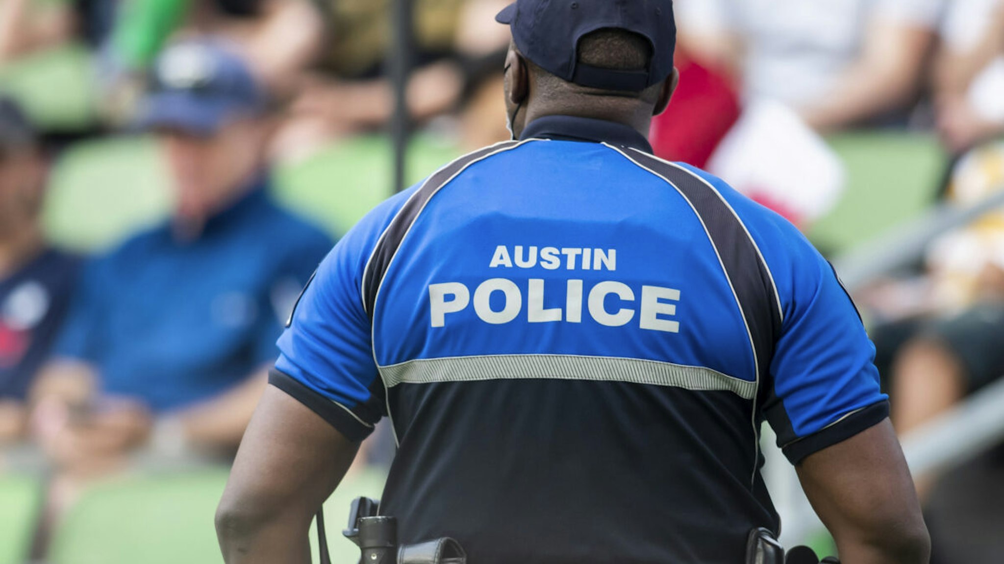A member of the Austin, Texas police department stands watch during the Gold Cup semifinal match between the United States and Qatar on Thursday July 29th, 2021 at Q2 stadium in Austin,TX.